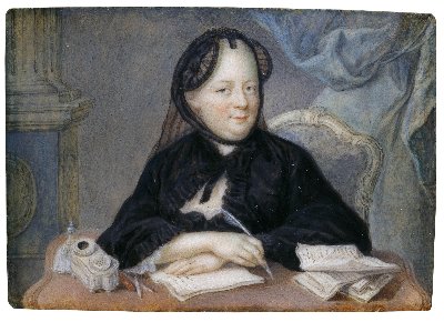 Bildnis in Witwentracht an einem Schreibtisch sitzend. Aquarell auf Elfenbein, unbekannter Künstler um 1770. Wien, Hofburg, Präsidentschaftskanzlei.