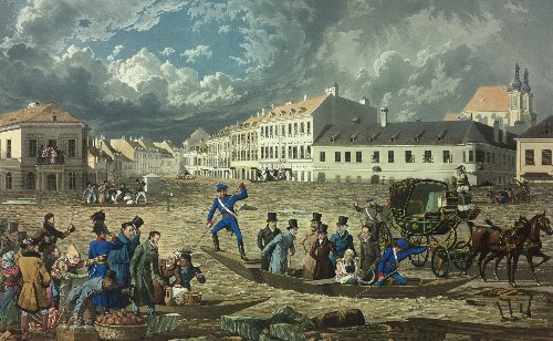 kaiser franz ii./i. besichtigt den schaden der Überschwemmung in der rossau im märz 1830